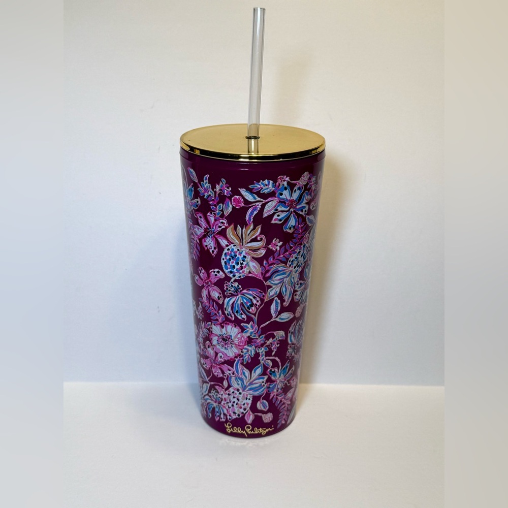 Lilly Pulitzer Tall Tumbler Gold Lid New Straw - 24 oz - Preppy - Picture 1 of 7